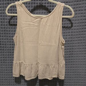 Tan Linen Sleeveless Ruffle Top SzM Tank Beach Boho Chic Minimalist Basic Preppy